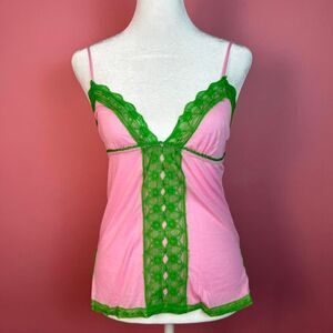 Vintage Y2K early 2000s pink and green girly lace trim cami🎀